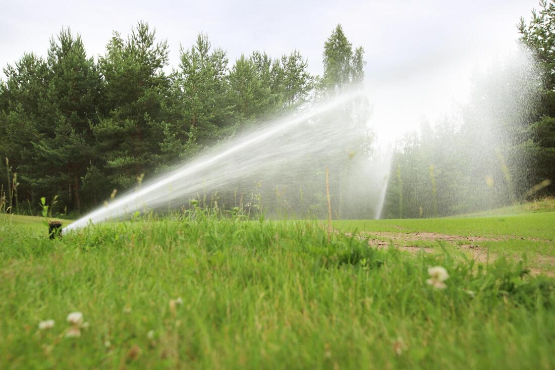 multiple sprinklers watering a golf course